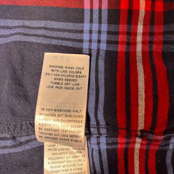 True Religion Shirt Men's M Button Down Raw Edge Slouch Red Blue Plaid Patriotic - Picture 7 of 11